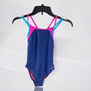 NWT Speedo One Piece Girls' Solid Cross Back Multi Straps Swimsuit, Navy, 10